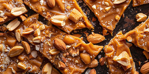Crunchy peanut brittle close up, showcasing shattered pieces and peanuts for a satisfying bite