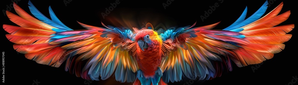 Fototapeta premium Vibrant macaw with colorful wings fully spread against a dark background, showcasing its stunning feather details in bright shades.