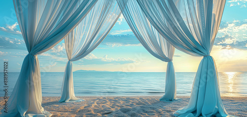 Elegant beach cabana with white curtains overlooking serene ocean at sunset. Perfect peaceful beach atmosphere for relaxation and vacation.