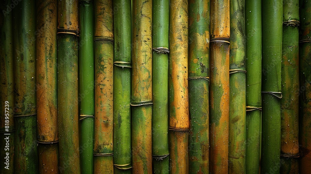 A zoomed-in photo of a bamboo wall adorned with numerous green and yellow bamboo stalks on its sides A zoomed-in photo of a bamboo wall adorned with numerous green and yellow bamboo stalks on its sides