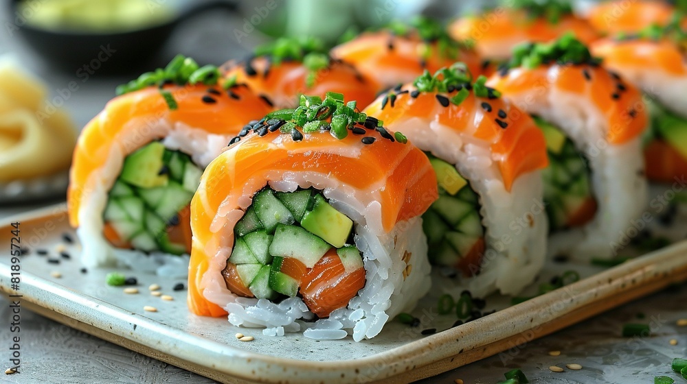 A clear shot of sushi with cucumber slices and black sesame seeds scattered on top A clear shot of sushi with cucumber slices and black sesame seeds scattered on top