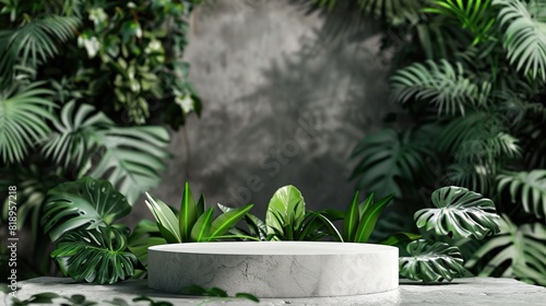 A podium made of green marble is in a lush jungle