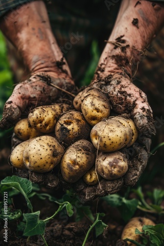 the farmer holds potatoes in his hands. Selective focus