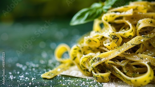  A macro shot of spaghetti adorned with Parmesan and basil