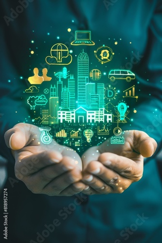 Colorful digital illustration of person holding public sector icon on virtual screen, representing government, education, health, and municipal services.