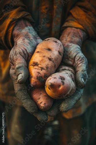 the farmer holds a sweet potato in his hands. Selective focus