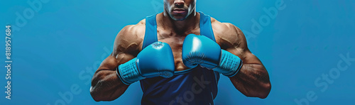 male boxer in a blue T-shirt, shorts and gloves, standing on a bright blue background. Bener's concept for Olympic amateur boxing photo