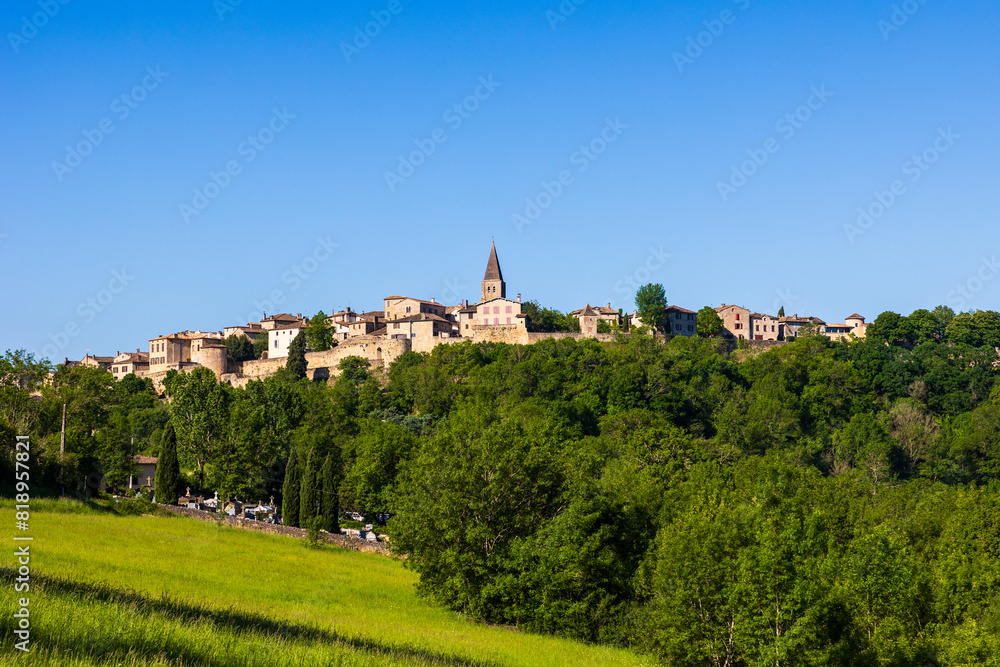 Obraz premium Village médiéval de Puycelsi, au sommet de son plateau rocheux et protégé par ses remparts du XIVe siècle, dominant la Forêt de la Grésigne