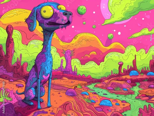 Quirky cartoon vulture leads a dog through spacetime  using a tomahawk. Colors include disco purple  hot pink  lime  and slime green.