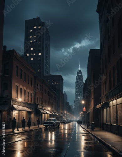 A moody twilight scene of an urban street  with the glow of streetlights reflecting on wet pavements and a misty city backdrop.