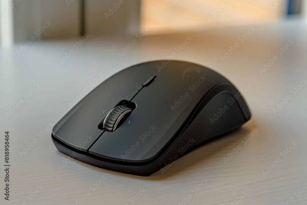 A black ergonomic computer mouse on a lightcolored surface near a window. Created with Generative AI.