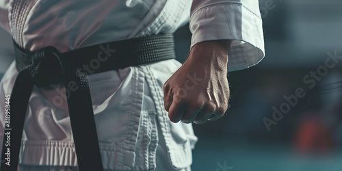 Martial arts master posing with black belt on black background for advertising Karate man standing with copy space