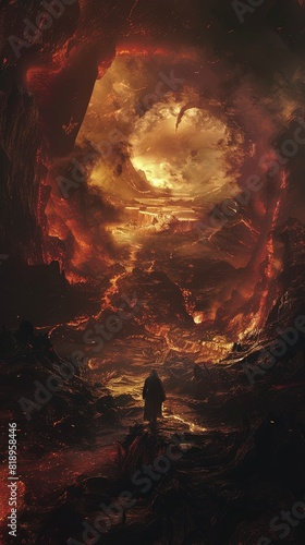 A man walking through a burning cave to a better world.