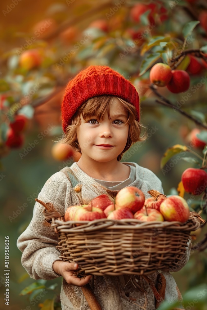the boy collects apples in the garden. Selective focus the boy collects apples in the garden. Selective focus