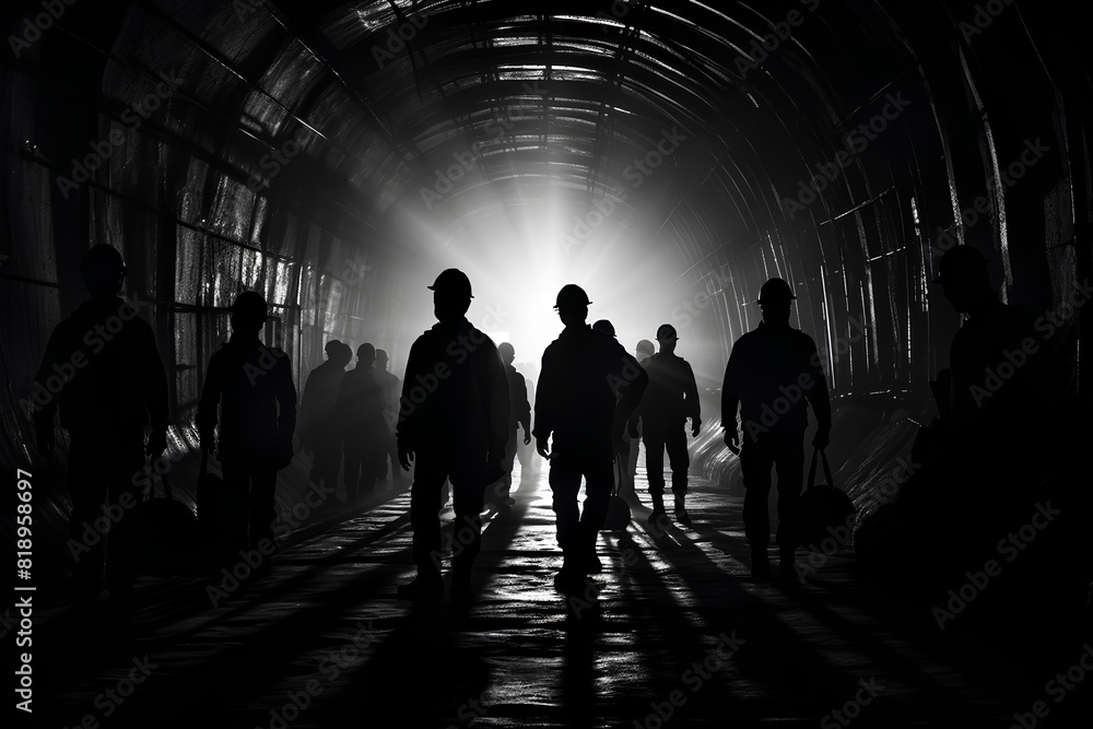Silhouettes of workers in the tunnel