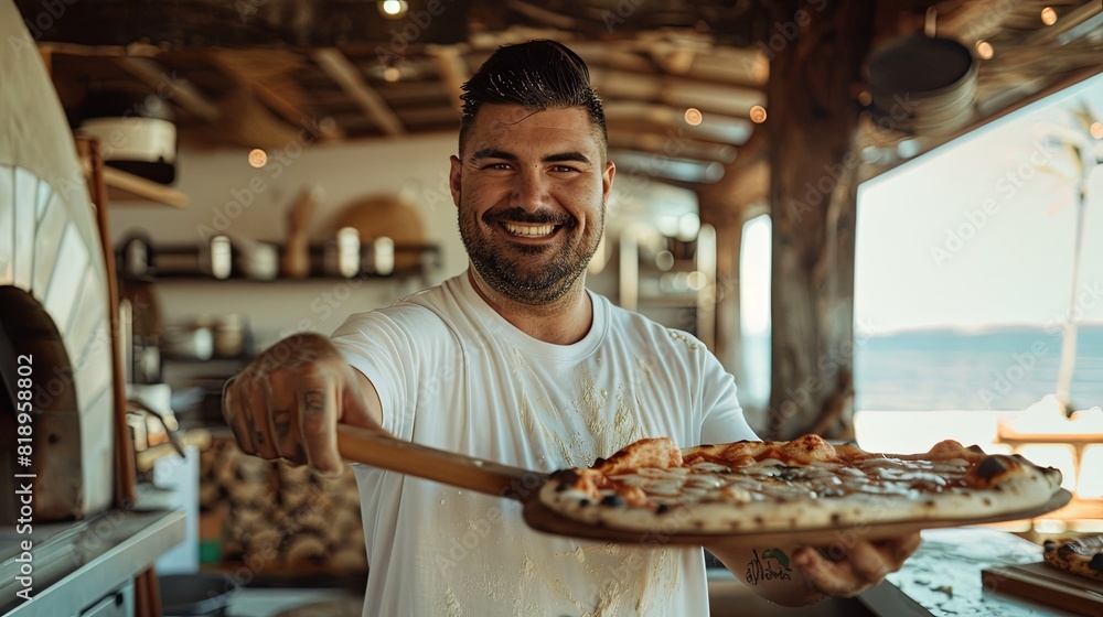 A man shows the audience a perfectly cooked pizza