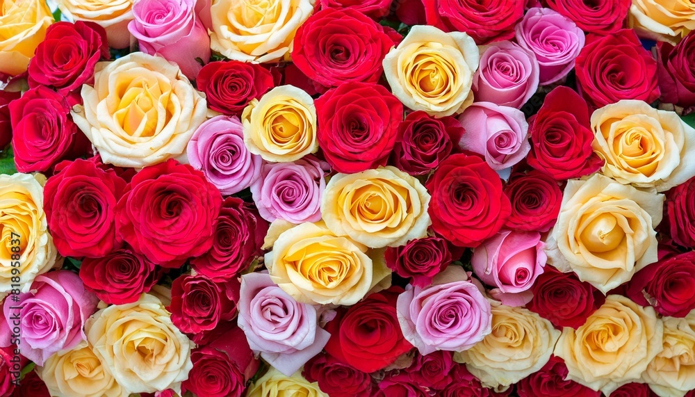 Naklejka premium close up red yellow pink roses background, colorful roses