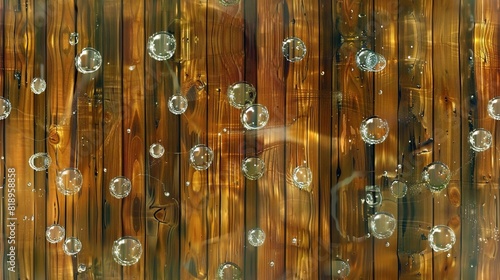   A close-up of a wooden fence with numerous bubbles adorning both its upper and lower sections