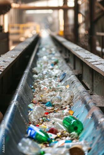 Perspective view of a recycling conveyor belt filled with plastic bottles at a waste management facility.