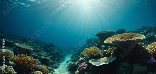 Stunning underwater view of a vibrant coral reef basking in the beams of sunlight filtering through the ocean surface.