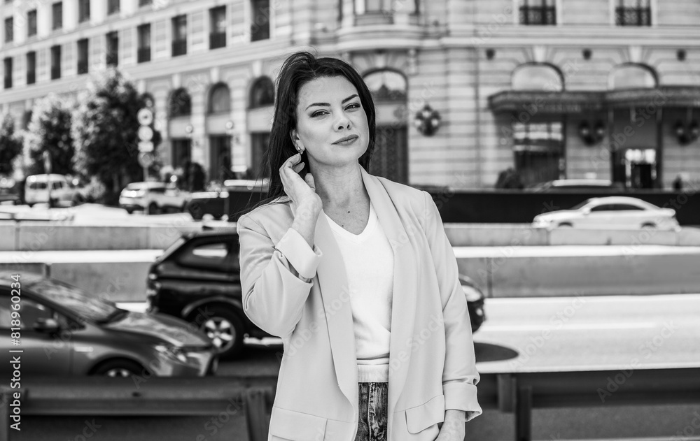 Fototapeta premium Woman thinking about something in big city life . Concept of modern ladies psychology