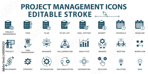 Project management icons. Time management and planning concept. Editable stroke. Vector illustration.