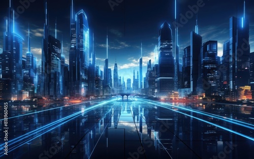 Futuristic cityscape with neon lights and high-rise buildings  reflecting on a water surface  portraying advanced urban technology.