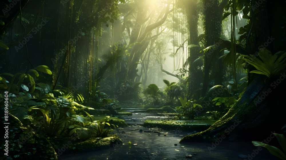 Ancient rainforest with old trees. Generative AI. Ancient rainforest with old trees. Generative AI.