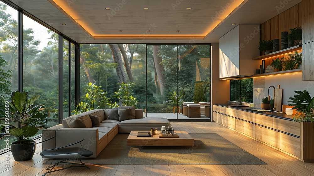 3D rendering of a modern open plan living room and kitchen interior design with white walls, light wood floor, and wooden cabinets on the wall. 3D rendering of a modern open plan living room and kitchen interior design with white walls, light wood floor, and wooden cabinets on the wall.