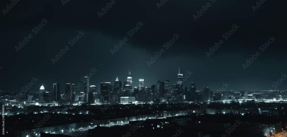 Black and white image of a cityscape at night featuring storm clouds over lit skyscrapers and a sweeping urban expanse.