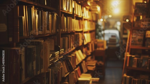 Warmly lit aisle of a cozy bookstore with shelves filled with an array of books  inviting a quiet exploration.