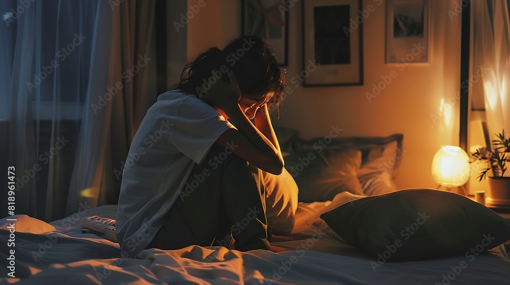 Solitude and Heartache - Woman sitting on bed at night, hugging pillow and crying in silence. Solitude and Heartache - Woman sitting on bed at night, hugging pillow and crying in silence.