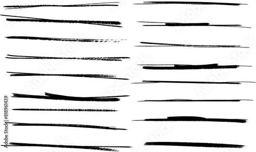 Strikethrough lines isolated. Set of different doodle underlines. Grunge collection of brush strokes written on a white background. Horizontal hand drawn marker stripes photo