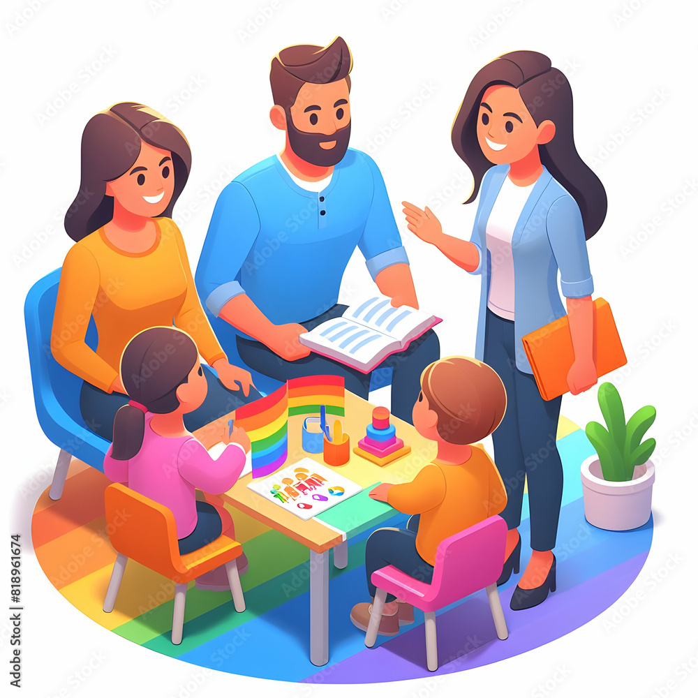 A single father and his children leading a discussion on community involvement emphasizing diverse family configurations, inclusion, and civic engagement in a 3D flat icon illust A single father and his children leading a discussion on community involvement emphasizing diverse family configurations, inclusion, and civic engagement in a 3D flat icon illust