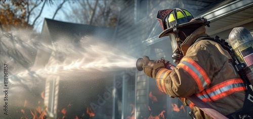 Firefighter in action, spraying water to extinguish flames engulfing a residential house, showcasing bravery and emergency response.