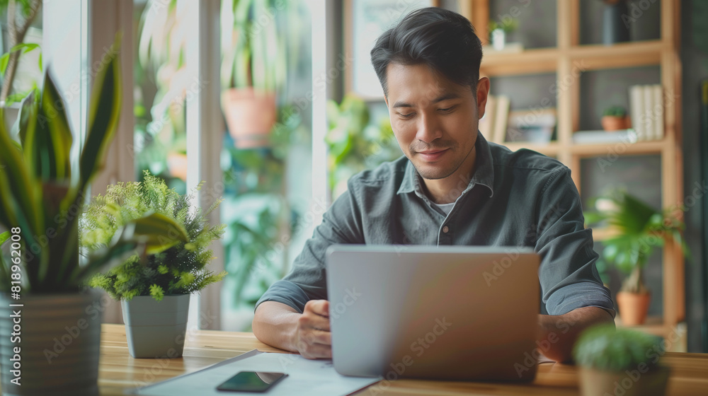 Close up of asian casual business man using laptop
Close up of asian casual business man using laptop