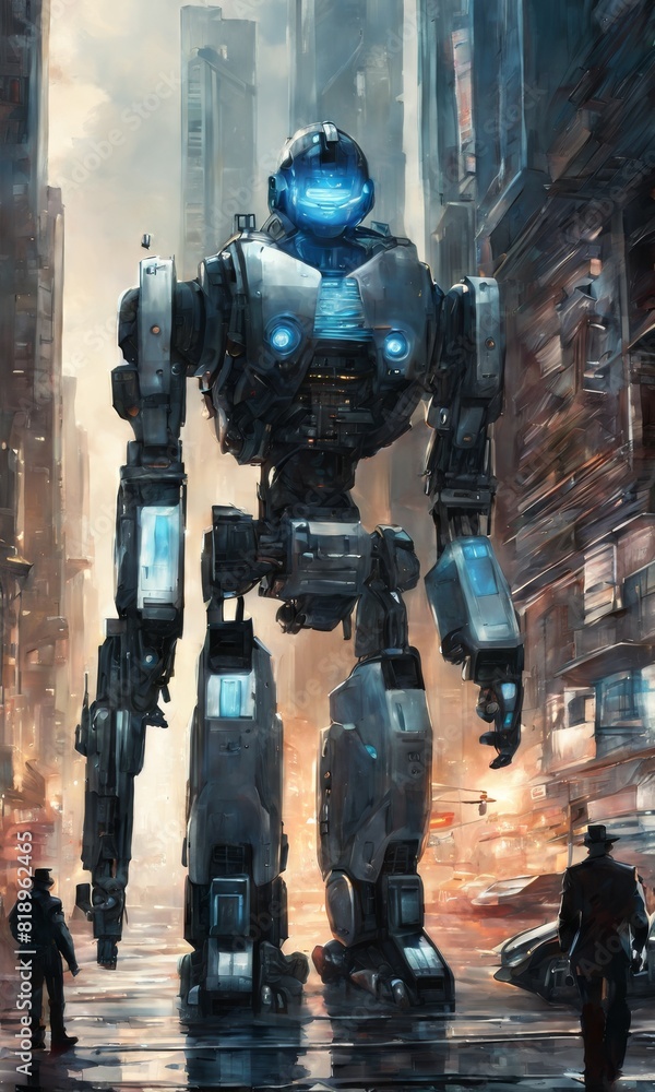 A colossal blue-headed robot towers over a rain-drenched city street, casting an imposing silhouette against the tall urban skyline, as pedestrians look on in awe.. AI Generation A colossal blue-headed robot towers over a rain-drenched city street, casting an imposing silhouette against the tall urban skyline, as pedestrians look on in awe.. AI Generation