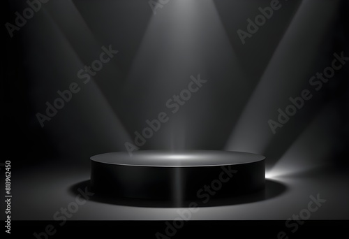 Black stand podium on dark background Realistic dark platform