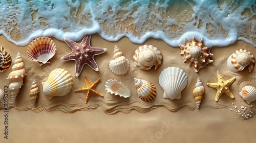  Seashells and starfish on a sandy beach beside the ocean, with foamy waves