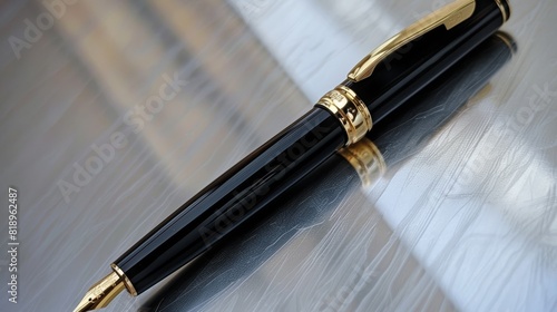 Sleek black and gold fountain pen on a reflective surface. Created with Generative AI.