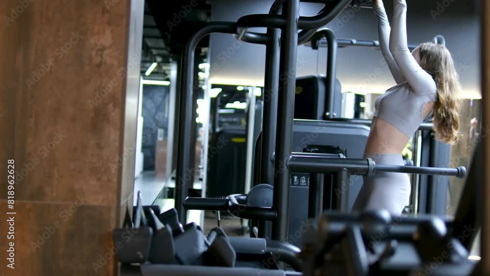 Woman doing pull-up. Strong girl in sportswear doing pull up exercise. H3althy Woman doing pull-up. Strong girl in sportswear doing pull up exercise. H3althy