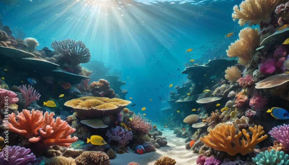 Fototapeta premium The early light of dawn enhances the ethereal beauty of a coral reef, teeming with a variety of fish and sea life.