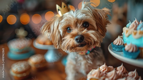 A small dog is standing in front of a table full of cupcakes and cakes