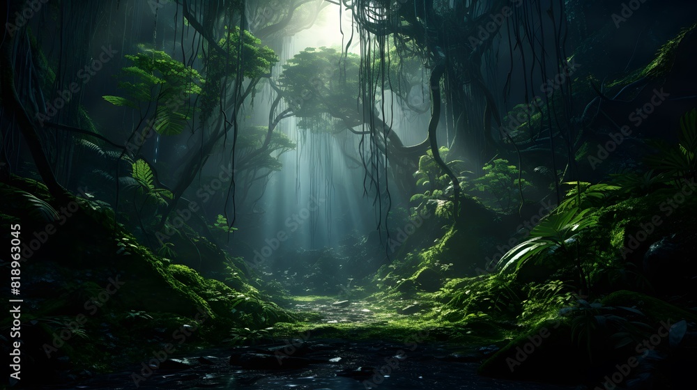 Ancient rainforest with old trees. Generative AI. Ancient rainforest with old trees. Generative AI.