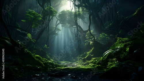 Ancient rainforest with old trees. Generative AI.