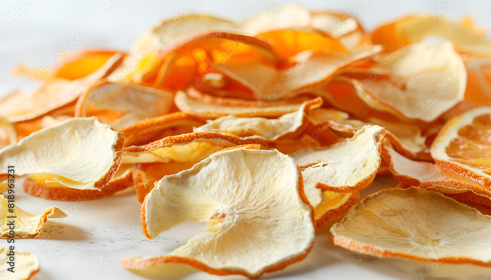 Many dry orange peels on white table, closeup Many dry orange peels on white table, closeup