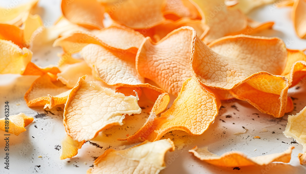 Many dry orange peels on white table, closeup Many dry orange peels on white table, closeup
