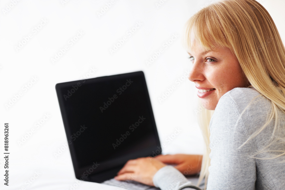 Thinking, happy and woman with laptop for reading, relax and social media for networking in apartment. Female student, and gen z with technology, research and online app with idea for scholarship Thinking, happy and woman with laptop for reading, relax and social media for networking in apartment. Female student, and gen z with technology, research and online app with idea for scholarship
