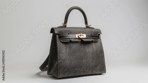 Elegant black leather handbag with gold accents structured design and top handle perfect for formal occasions. Created with Generative AI. photo
