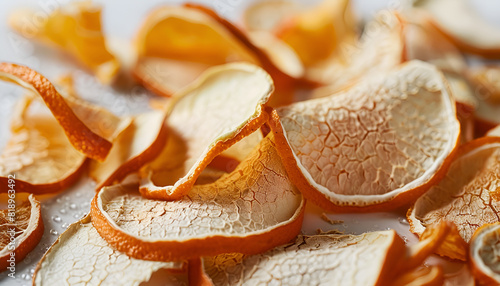 Many dry orange peels on white table, closeup photo